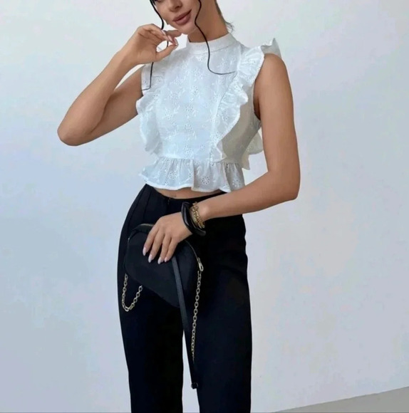 Elegant Backless White Shirt For Weddings With Ruffled Edges And Waist Tie - Picture 3 of 5